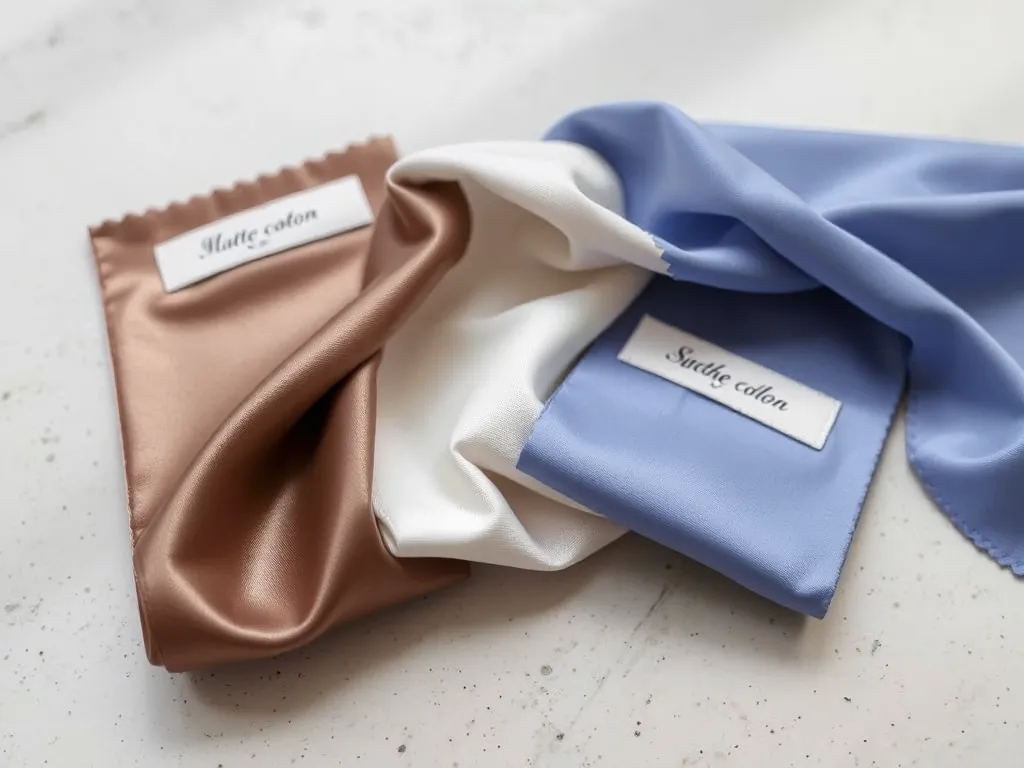 Ba mẫu nhãn vải satin bóng, cotton thô và nylon tổng hợp được sắp xếp song song để phân biệt kết cấu và chất liệu. Ba mẫu nhãn vải satin bóng, cotton thô và nylon tổng hợp được sắp xếp song song để phân biệt kết cấu và chất liệu.