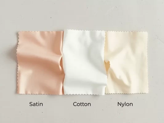 Ba mẫu vải satin, cotton, nylon được trưng bày cạnh nhau để so sánh kết cấu và chất liệu.