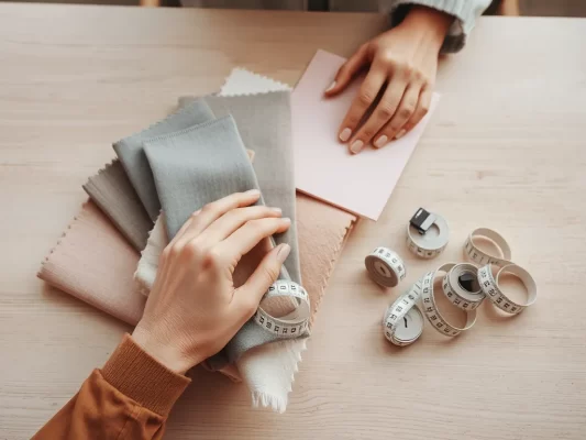 Bàn tay sắp xếp các mẫu vải và thước đo trên bàn gỗ trung tính, ánh sáng dịu, phong cách tối giản chuyên nghiệp, minh họa cho hướng dẫn thiết kế file nhãn mác quần áo đúng kỹ thuật