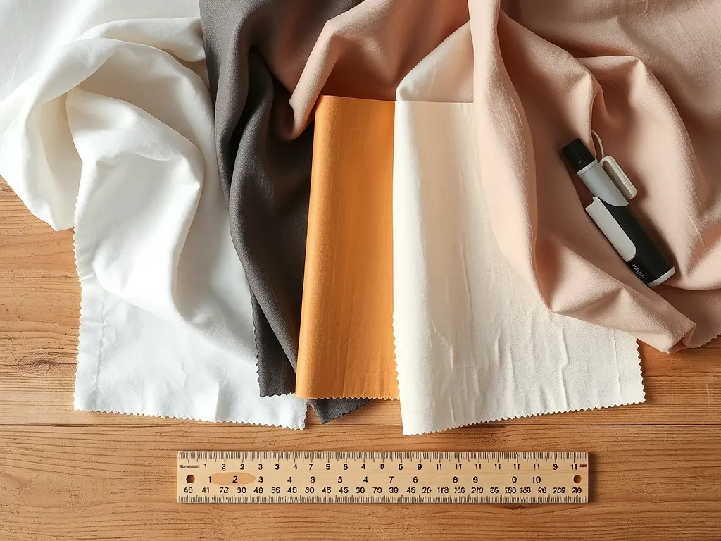 Các mẫu vải cotton, polyester và silk được sắp xếp gọn gàng trên bàn gỗ cùng thước đo và máy in nhãn, minh họa thành phần vải. Các mẫu vải cotton, polyester và silk được sắp xếp gọn gàng trên bàn gỗ cùng thước đo và máy in nhãn, minh họa thành phần vải.