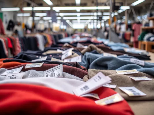 Các nhãn mác quần áo khác nhau được sắp xếp trên vải trong xưởng may, minh họa cho bài viết về "Nhãn mác quần áo là gì? 7 loại nhãn xưởng may cần biết".