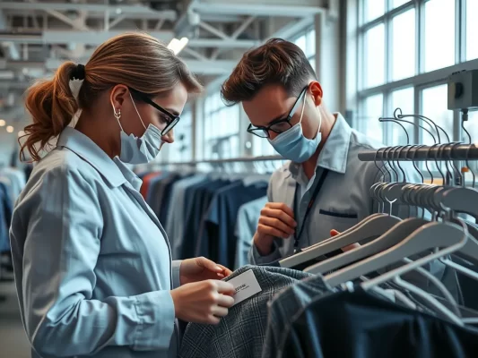 Cán bộ kiểm tra chất lượng đang kiểm tra nhãn mác quần áo trong nhà máy may hiện đại, tuân thủ quy định nhãn mác quần áo mới nhất theo NĐ 37/2026
