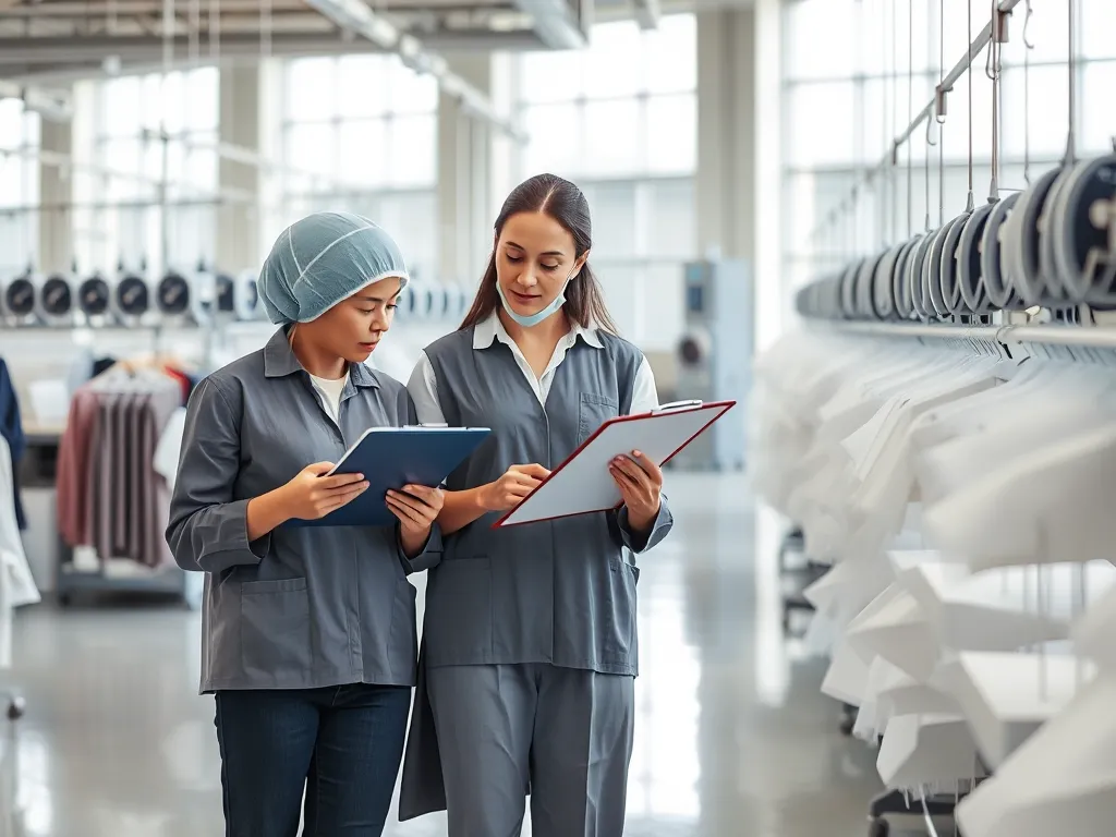 Công nhân kiểm tra nhãn mác trên sản phẩm may mặc trong nhà xưởng, liên quan đến checklist nhãn mác khi gia công đơn hàng FOB và CMT. Công nhân kiểm tra nhãn mác trên sản phẩm may mặc trong nhà xưởng, liên quan đến checklist nhãn mác khi gia công đơn hàng FOB và CMT.