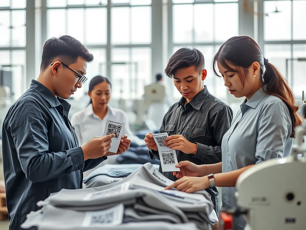 Công nhân may mặc Việt Nam kiểm tra nhãn mác thông minh có mã QR trong nhà máy hiện đại, nhu cầu nhãn mác ngành may mặc tăng mạnh 2026 Công nhân may mặc Việt Nam kiểm tra nhãn mác thông minh có mã QR trong nhà máy hiện đại, nhu cầu nhãn mác ngành may mặc tăng mạnh 2026