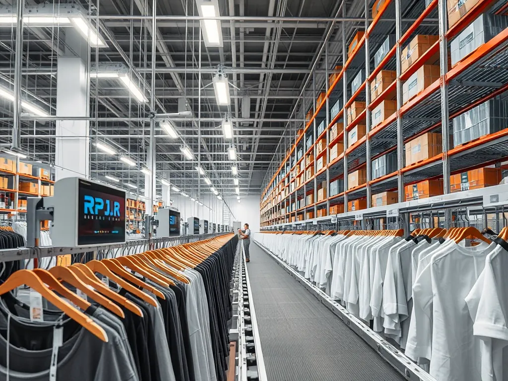 Dây chuyền sản xuất tự động trong nhà máy may với nhãn thông minh RFID được máy quét đọc, kệ kho hiện đại, nhân viên ít tham gia, ánh sáng công nghiệp sáng rõ Dây chuyền sản xuất tự động trong nhà máy may với nhãn thông minh RFID được máy quét đọc, kệ kho hiện đại, nhân viên ít tham gia, ánh sáng công nghiệp sáng rõ