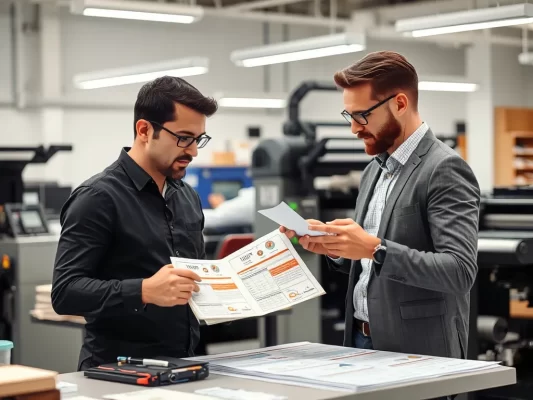 Designer and printer collaborating on uniform label samples in a modern workshop, checking delivery schedules and quality charts under bright, clean lighting, illustrating kinh nghiệm đặt in nhãn m...