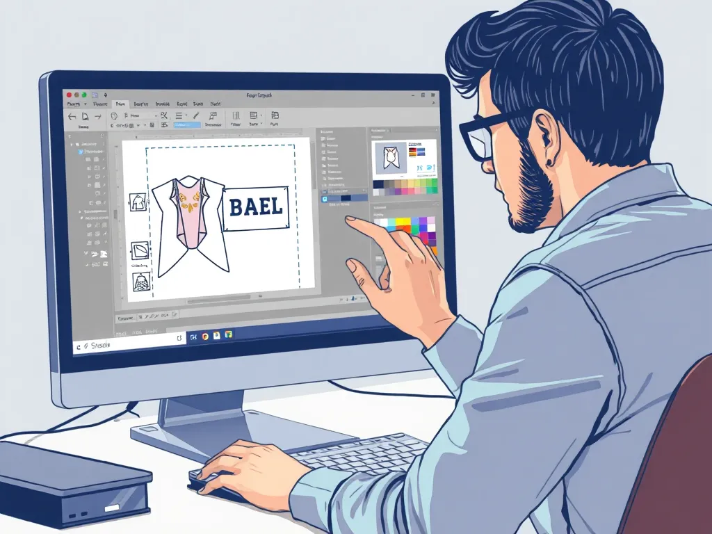 Designer kiểm tra kỹ file thiết kế nhãn mác quần áo trên màn hình máy tính với các lớp vector và bảng màu trước khi in. Designer kiểm tra kỹ file thiết kế nhãn mác quần áo trên màn hình máy tính với các lớp vector và bảng màu trước khi in.