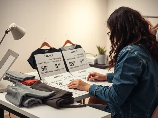 Designer preparing standard size label templates for t-shirts, jeans, and dresses on a modern workspace table with colorful fabric swatches and design tools