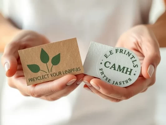 Hai bàn tay cầm các nhãn mác bền vững làm từ giấy tái chế và vật liệu thực vật, minh họa xu hướng nhãn mác bền vững từ vật liệu tái chế năm 2026