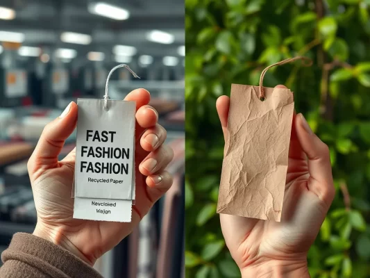 Hai bàn tay cầm hai nhãn mác khác nhau: nhãn fast fashion nhựa mỏng và nhãn thời trang bền vững giấy tái chế, phía sau là nhà máy và thiên nhiên.