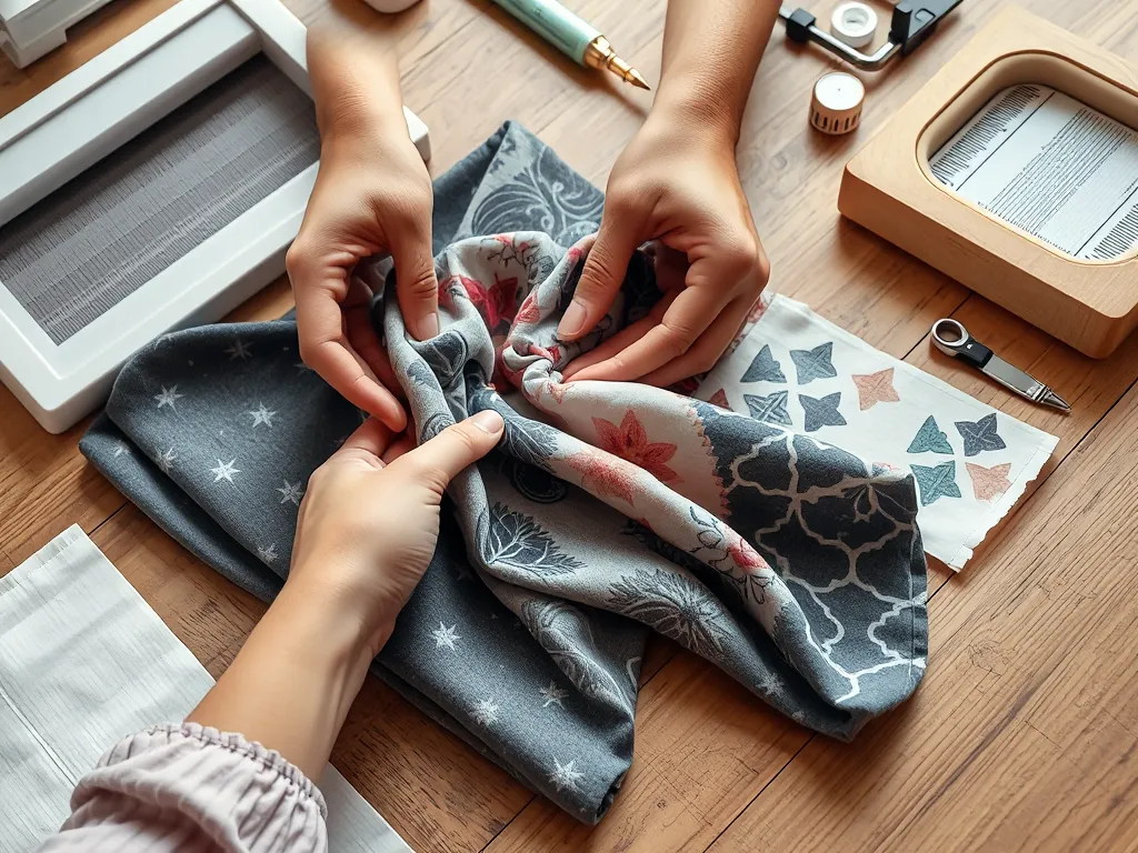 Hai bàn tay so sánh các mẫu vải in và thêu khác nhau trên bàn gỗ, công cụ in dệt và chỉ thêu ở bên cạnh, minh họa cho cách đặt in nhãn mác đồng phục theo từng khối lớp Hai bàn tay so sánh các mẫu vải in và thêu khác nhau trên bàn gỗ, công cụ in dệt và chỉ thêu ở bên cạnh, minh họa cho cách đặt in nhãn mác đồng phục theo từng khối lớp