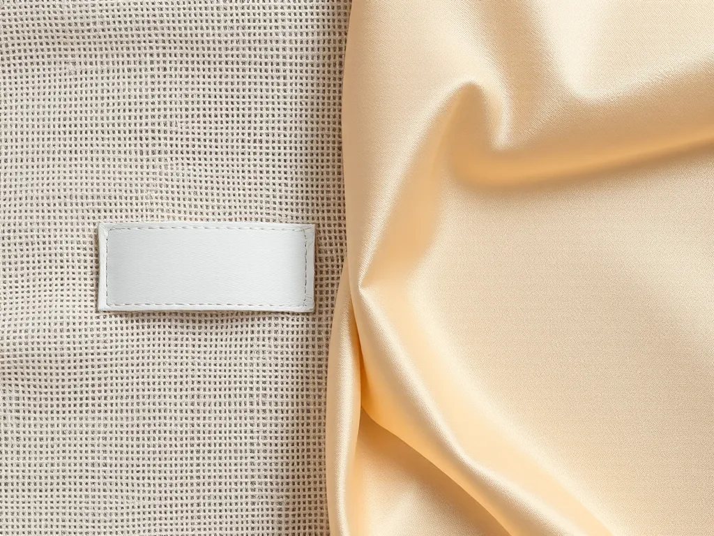 Hai mẫu nhãn vải được so sánh trực tiếp: nhãn woven có cấu trúc sợi rõ rệt và nhãn satin bóng mịn, minh họa cho bài viết về độ bền của nhãn woven và nhãn satin.