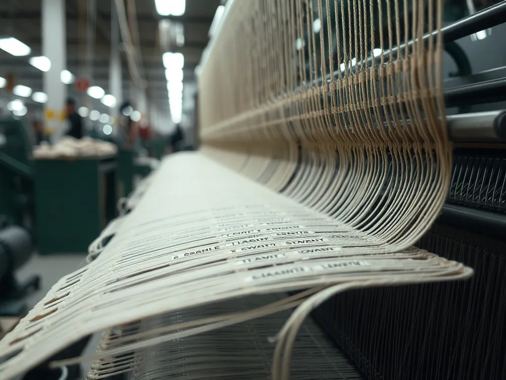 Máy dệt công nghiệp đang sản xuất nhãn dệt từ các sợi chỉ, công nhân giám sát quy trình trong nhà xưởng Máy dệt công nghiệp đang sản xuất nhãn dệt từ các sợi chỉ, công nhân giám sát quy trình trong nhà xưởng