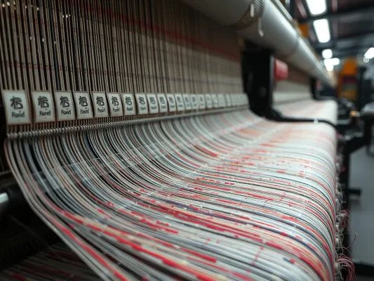Máy dệt công nghiệp đang sản xuất nhãn dệt woven label với các sợi chỉ màu, quy trình làm nhãn dệt chuyên nghiệp.