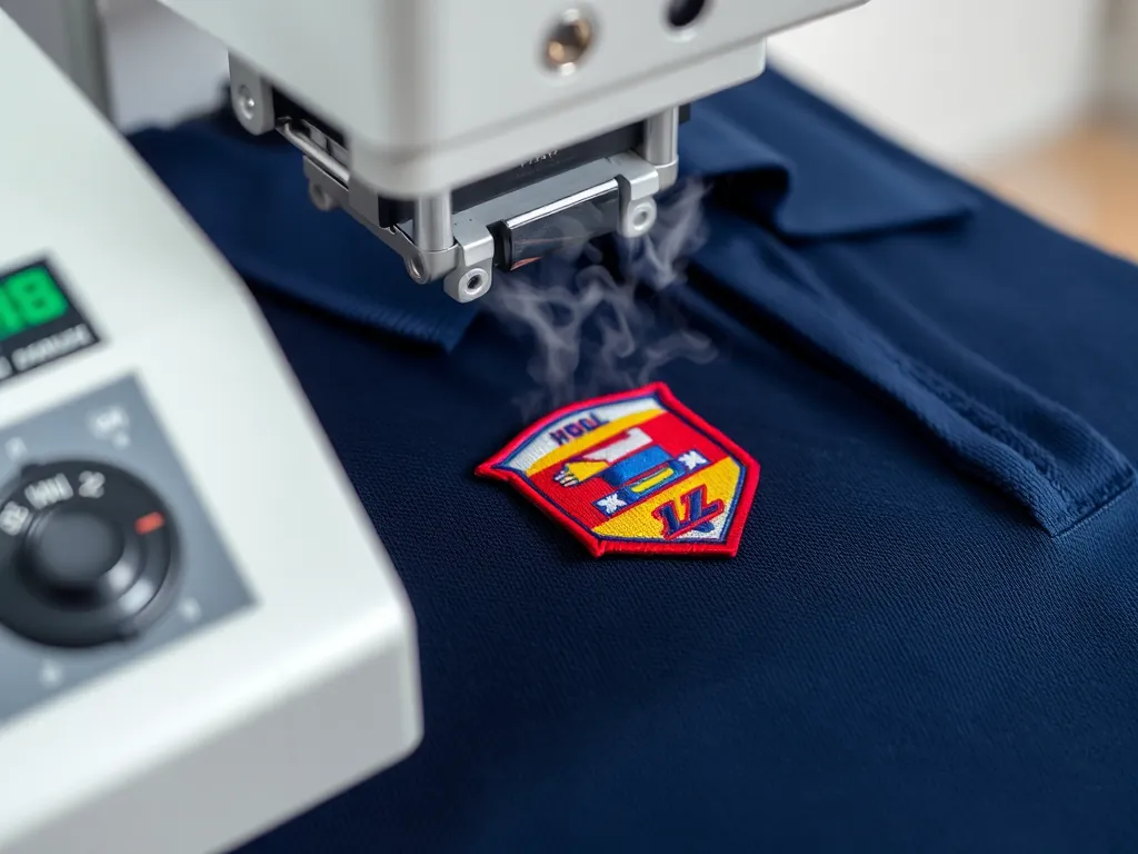 Máy ép nhiệt hiện đại đang in logo trường học lên áo polo đồng phục, minh họa công nghệ in phù hợp cho đơn hàng ít Máy ép nhiệt hiện đại đang in logo trường học lên áo polo đồng phục, minh họa công nghệ in phù hợp cho đơn hàng ít