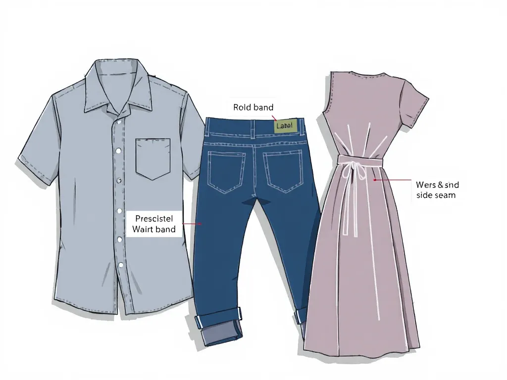 Minh họa vị trí may nhãn mác chuẩn trên áo sơ mi, quần jeans và váy với các ghim chỉ đường rõ ràng, phong cách đồ họa kỹ thuật số tối giản. Minh họa vị trí may nhãn mác chuẩn trên áo sơ mi, quần jeans và váy với các ghim chỉ đường rõ ràng, phong cách đồ họa kỹ thuật số tối giản.