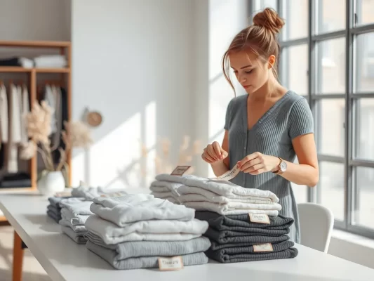 Người kiểm tra nhãn mác hàng may mặc trên sản phẩm trong không gian làm việc thương mại điện tử hiện đại, quy định ghi nhãn hàng may mặc bán trên sàn TMĐT 2026