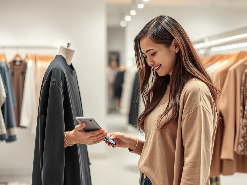Người mua hàng đang dùng điện thoại quét nhãn mác thông minh QR NFC RFID trên áo khoác trong cửa hàng bán lẻ hiện đại, trải nghiệm thanh toán nhanh và cá nhân hóa Người mua hàng đang dùng điện thoại quét nhãn mác thông minh QR NFC RFID trên áo khoác trong cửa hàng bán lẻ hiện đại, trải nghiệm thanh toán nhanh và cá nhân hóa