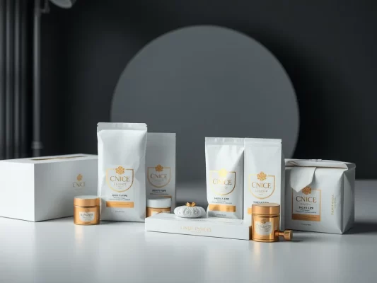 Nhà thiết kế chuyên nghiệp đang tạo mẫu nhãn mác cao cấp trong studio hiện đại với ánh sáng mềm mại, thể hiện quy trình thiết kế bao bì chuyên nghiệp để tăng giá trị thương hiệu