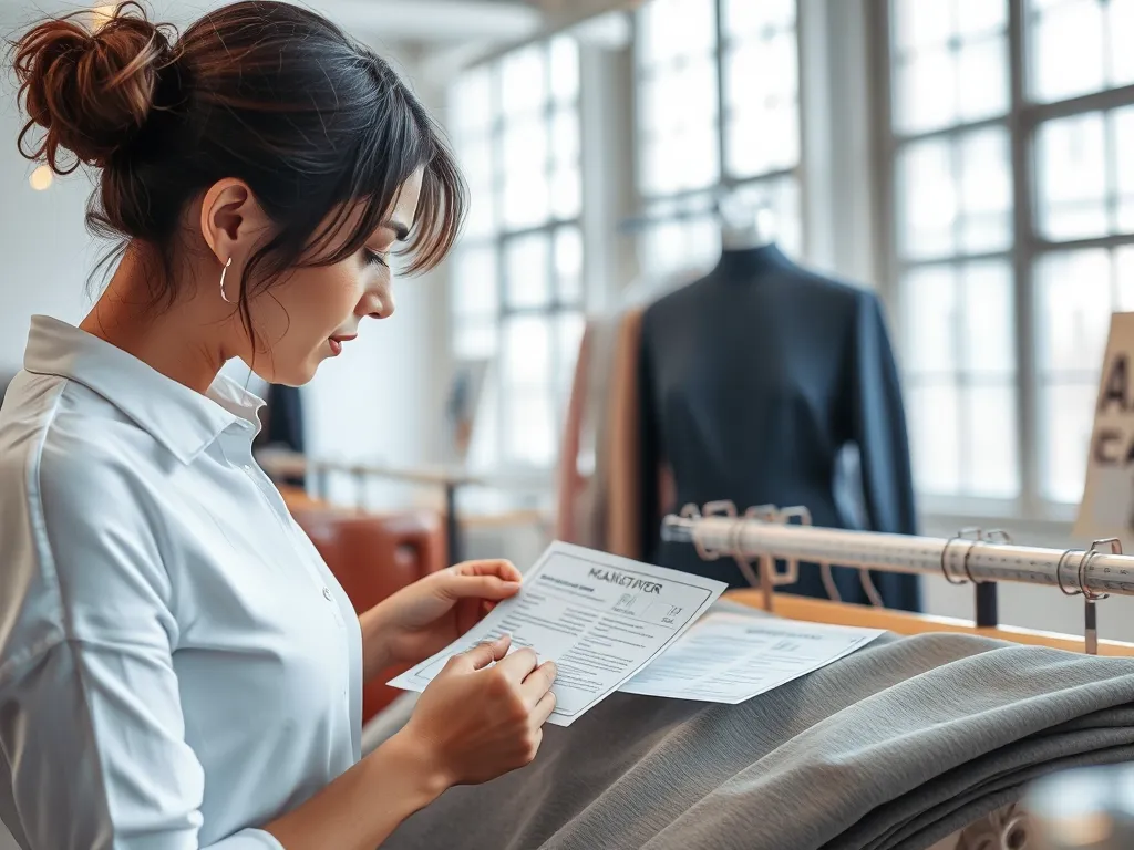 Nhà thiết kế thời trang kiểm tra thông tin nhãn mác quần áo bắt buộc phải có những thông tin gì trên mẫu vải trong studio hiện đại.