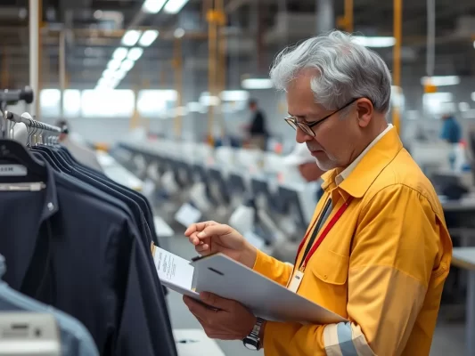 Nhân viên kiểm tra chất lượng đang kiểm tra nhãn mác trên sản phẩm may mặc hoàn chỉnh trong nhà xưởng may công nghiệp, với bảng checklist nhãn mác khi gia công đơn hàng FOB và CMT