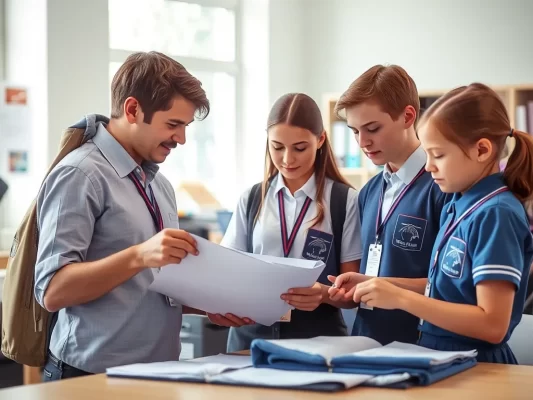 Nhân viên nhà trường xem xét các mẫu vải và nhãn mác đồng phục với số lượng ít trong văn phòng sáng sủa