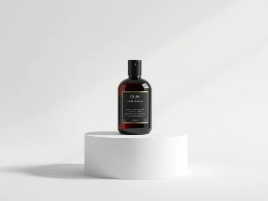 Sản phẩm cao cấp với nhãn mác chuyên nghiệp được trưng bày trên đế chân minimalist, minh họa giá trị thương hiệu từ thiết kế nhãn mác.