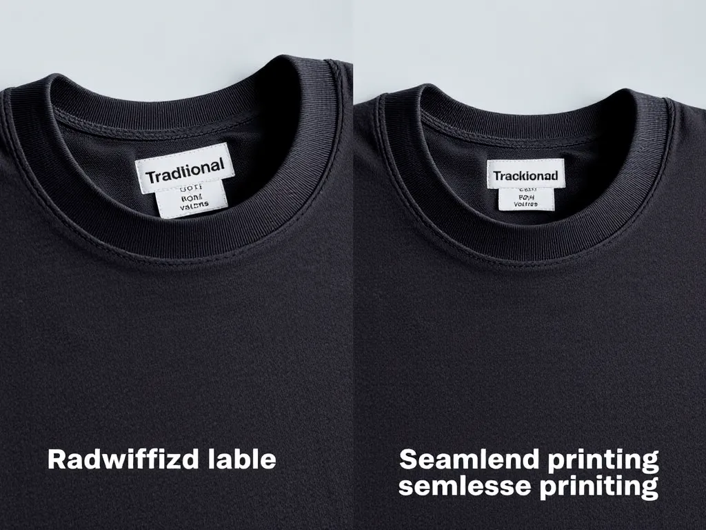 So sánh trực quan nhãn dệt truyền thống và công nghệ tagless printing trên hai áo thun giống nhau, minh họa cho câu hỏi thay thế. So sánh trực quan nhãn dệt truyền thống và công nghệ tagless printing trên hai áo thun giống nhau, minh họa cho câu hỏi thay thế.